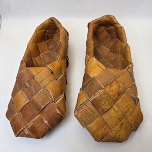 Vintage Birch Bark Lapti Shoes Handwoven Folk Art Slippers Rustic Decor